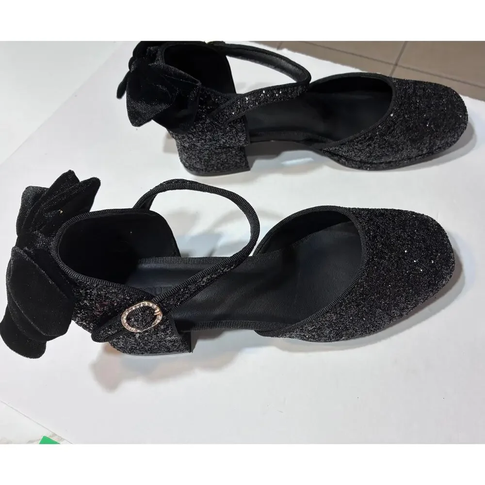 Coutgo Girls Glitter Bow Heels Platform Party Shoes Flower Girl Wedding Shoes